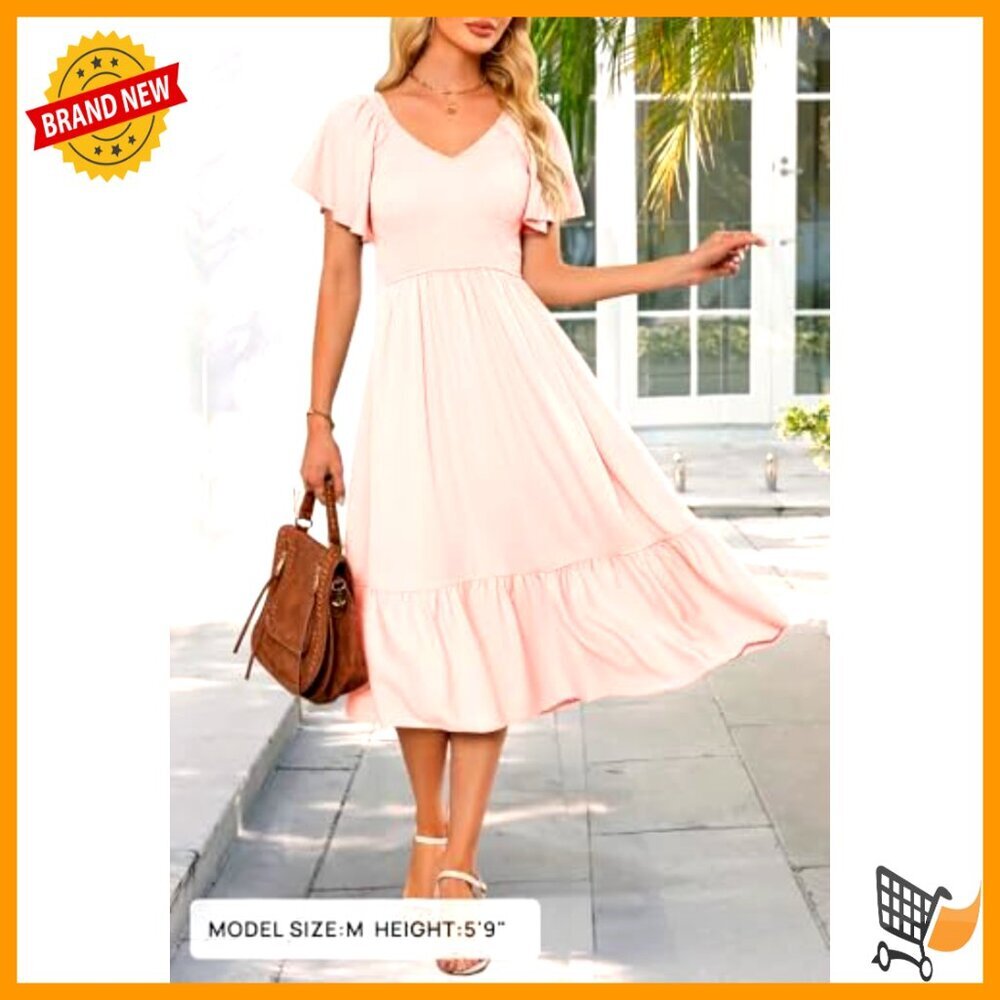 V-Neck Ruffle Sleeve Smocked High Waist Midi Dress with Pockets - Picture 5 of 7